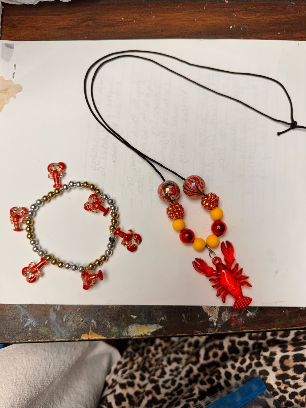 Red Lobster/Crawfish  Charm Necklace and Beaded Charm Bracelet Set